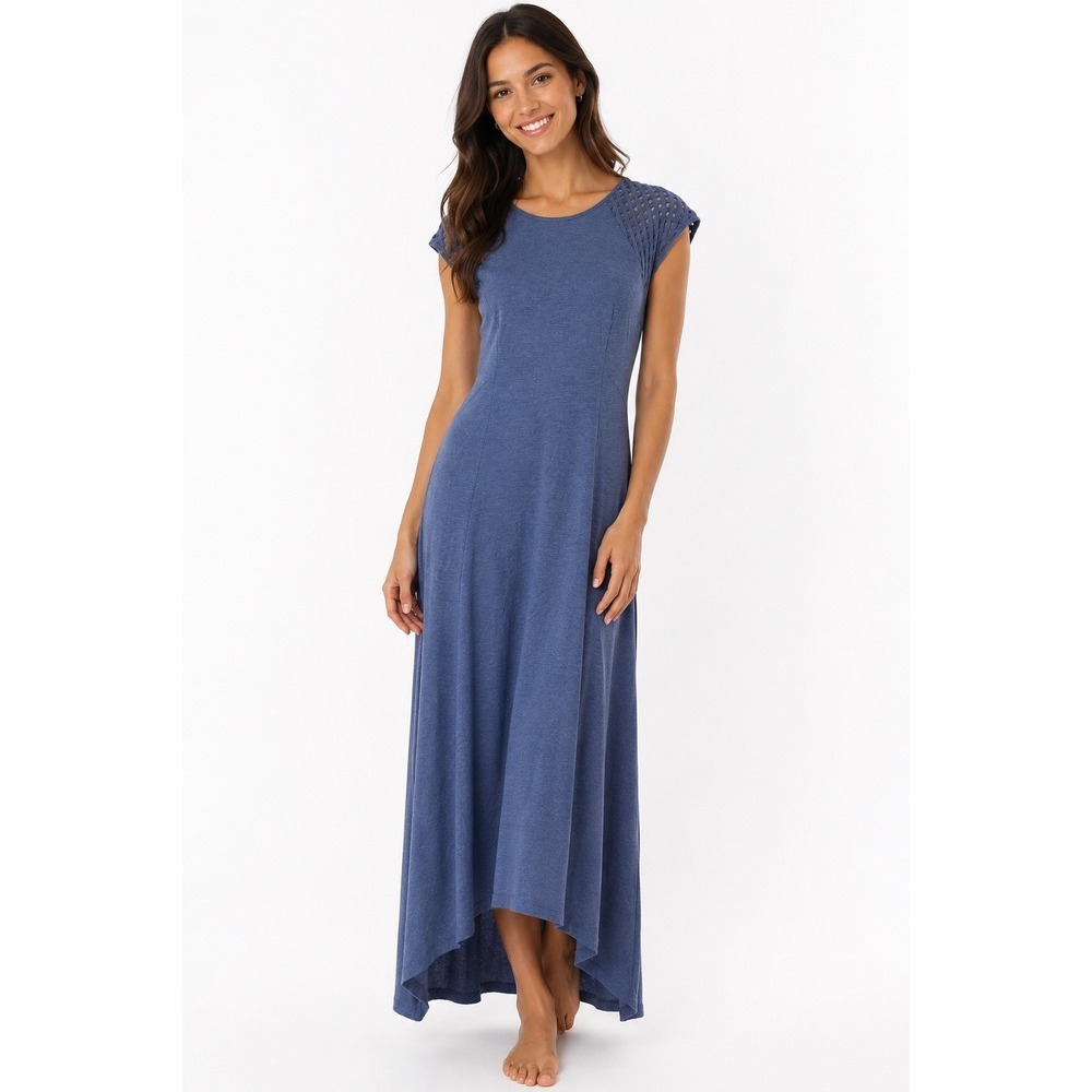 Chico's 1 M Blue Maxi Dress Lattice Cap Sleeve Stretch Knit Long Dress